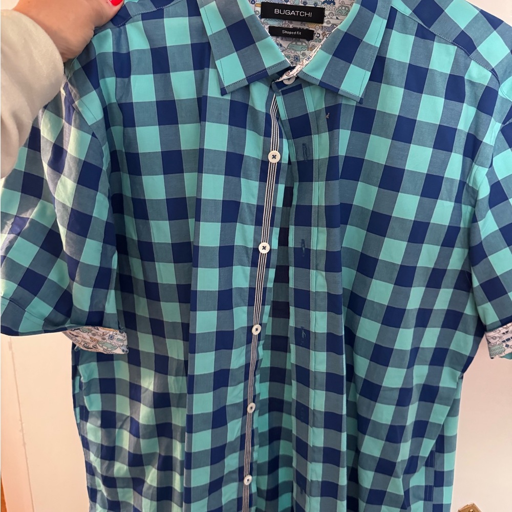 Bugatchi Men's Teal and Navy Plaid Shirt